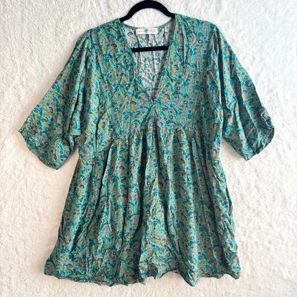Natural Life Stella V-Neck Mini Dress Women’s XL Turquoise Ditsy Vines Bohemian - Picture 2 of 11